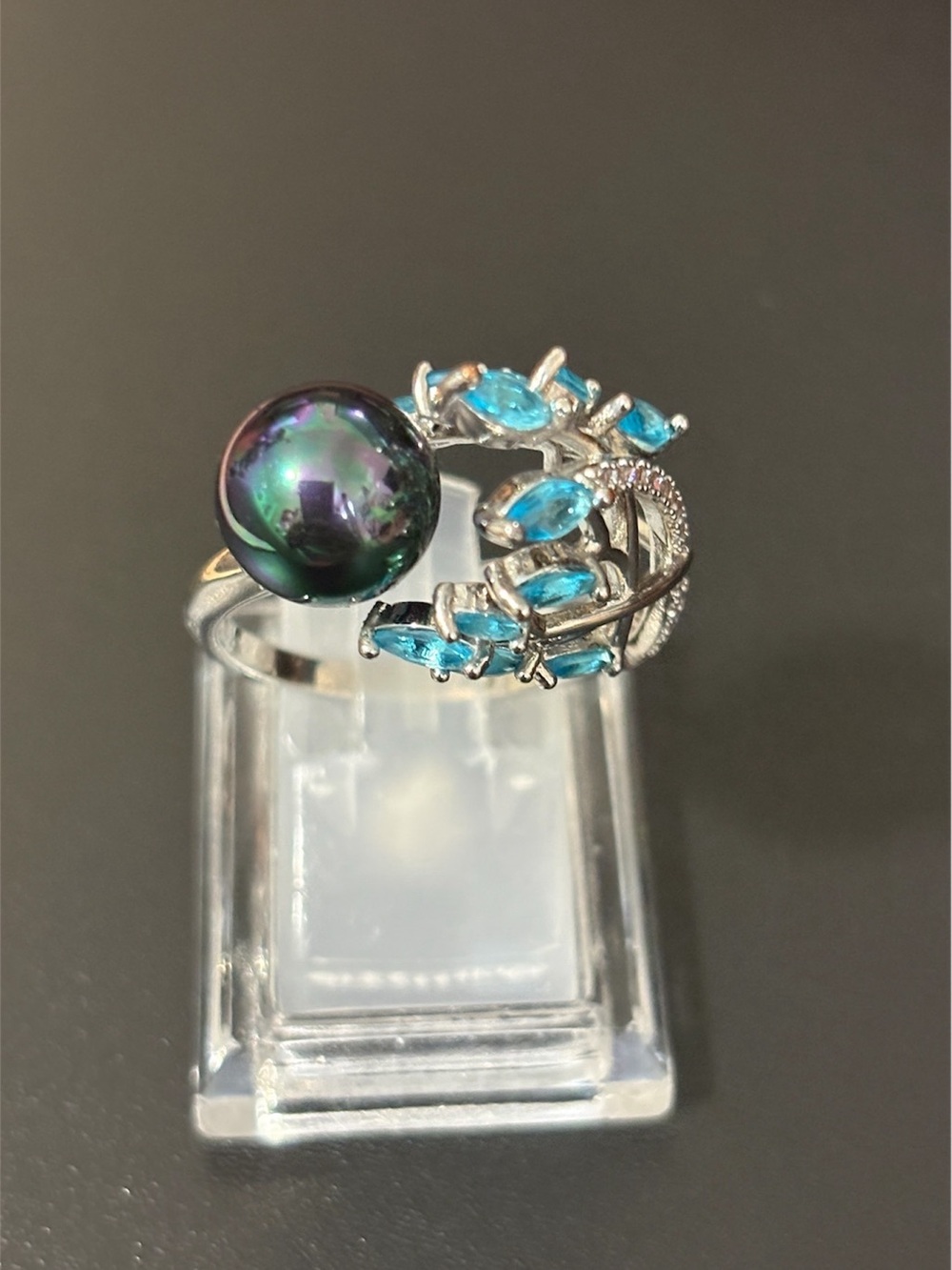 Silver Ring with Black Pearl and Blue Crystal Accents